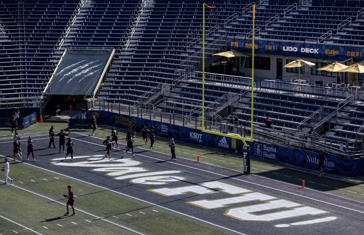 An end zone at Pitbull Stadium reads ‘¡Dale FIU!’ before the start of an NCAA DI football game between the FIU Panthers and Central Michigan Chippewas on Saturday, Sept. 7, 2024, in Miami, Fla.