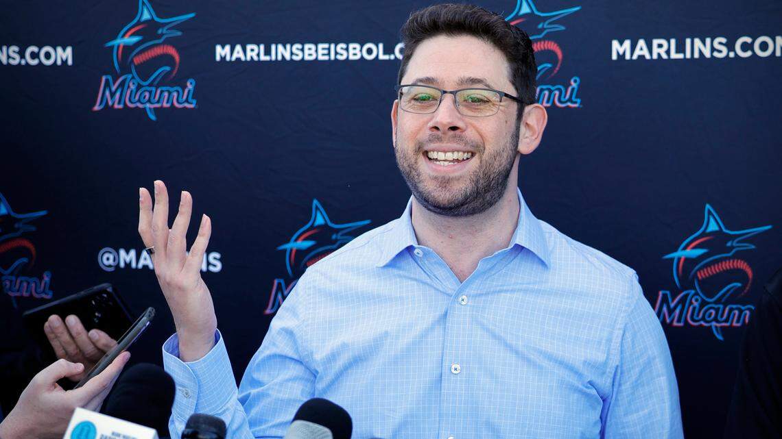 Miami Marlins President of Baseball Operations Peter Bendix speaks to reporters during Miami Marlins spring training at Roger Dean Chevrolet Stadium in Jupiter, Florida on Tuesday, February 20, 2024.