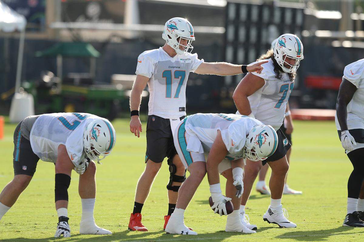 Miami Dolphins quarterback Ryan Tannehill  during training camp at the Miami Dolphins facility in Davie, Florida, July 27, 2018. 