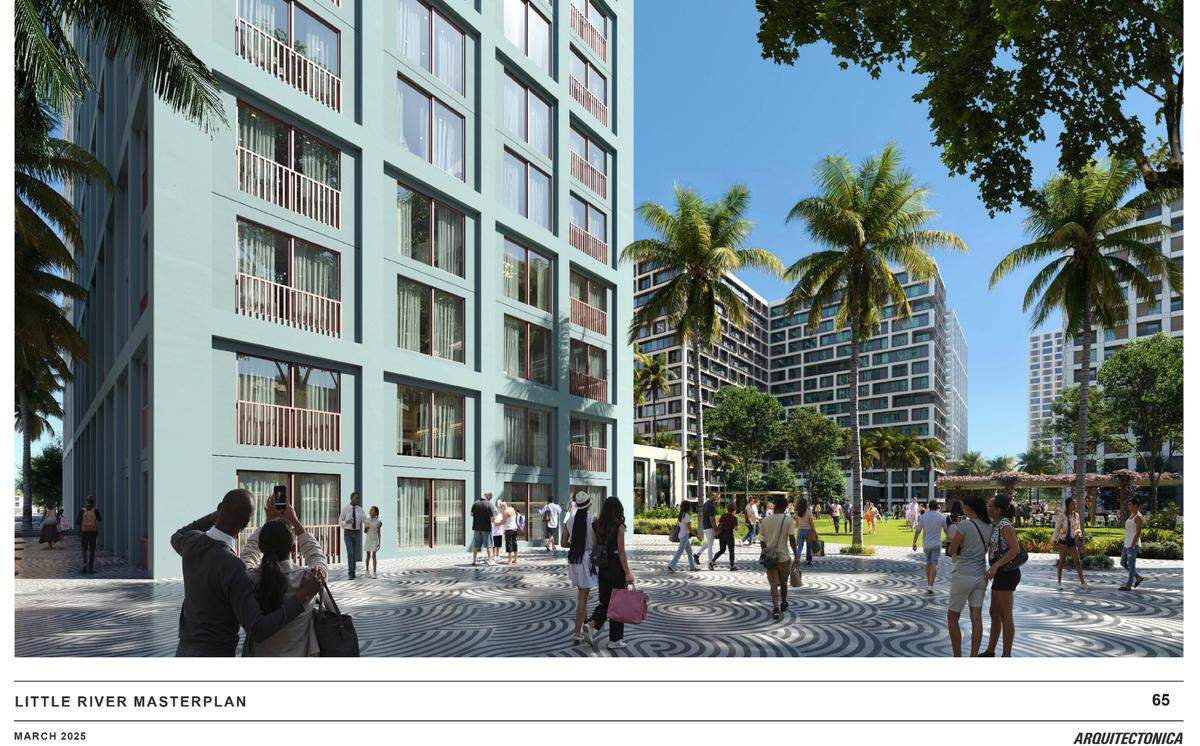 A rendering from the Swerdlow Group shows a park and a pedestrian area that would be part of a massive project aimed at bringing 5,700 high-rise affordable and workforce housing units, big-box stores and a new Tri-Rail commuter station to Miami’s Little River-Little Haiti neighborhood.
