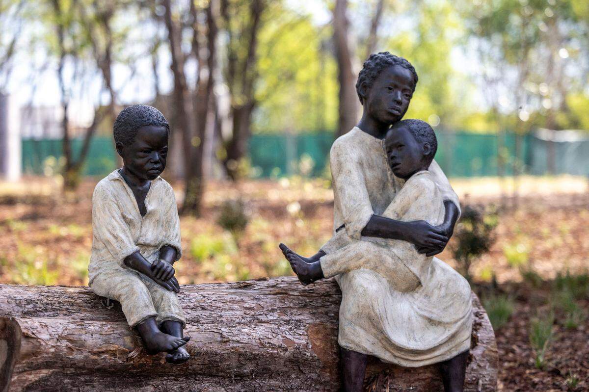 “WHAT IF…,” by Sandrine Plante, bronze, 2023, during a media tour of Equal Justice Initiative’s new Freedom Monument Sculpture Park, Tuesday, March 12, 2024, in Montgomery, Ala.