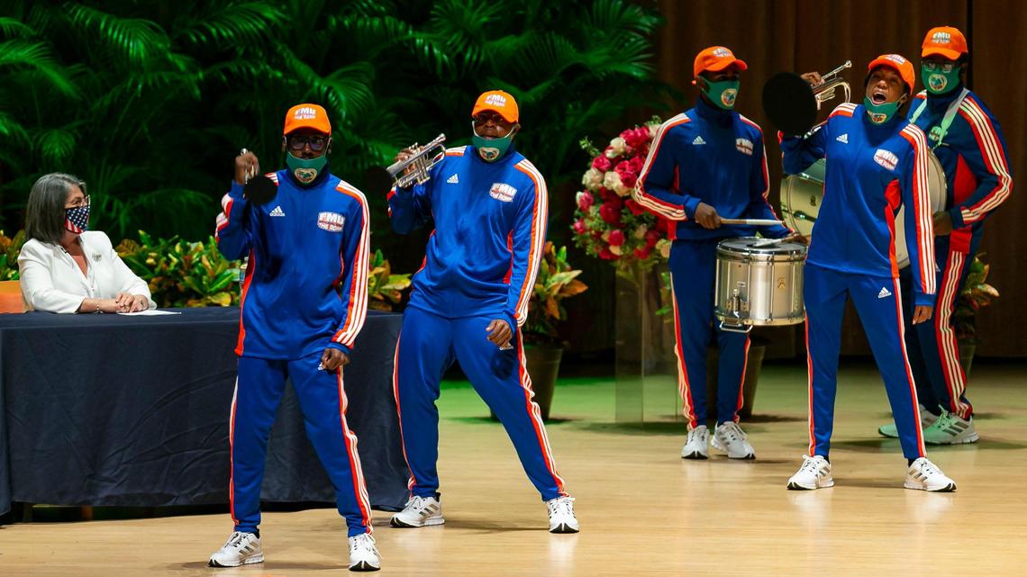 Florida Memorial University’s marching band performs during the swearing-in ceremony of newly elected Miami-Dade Mayor Daniella Levine Cava inside the Knight Concert Hall at the Adrienne Arsht Center for the Performing Arts in downtown Miami on Tuesday, November 17, 2020.