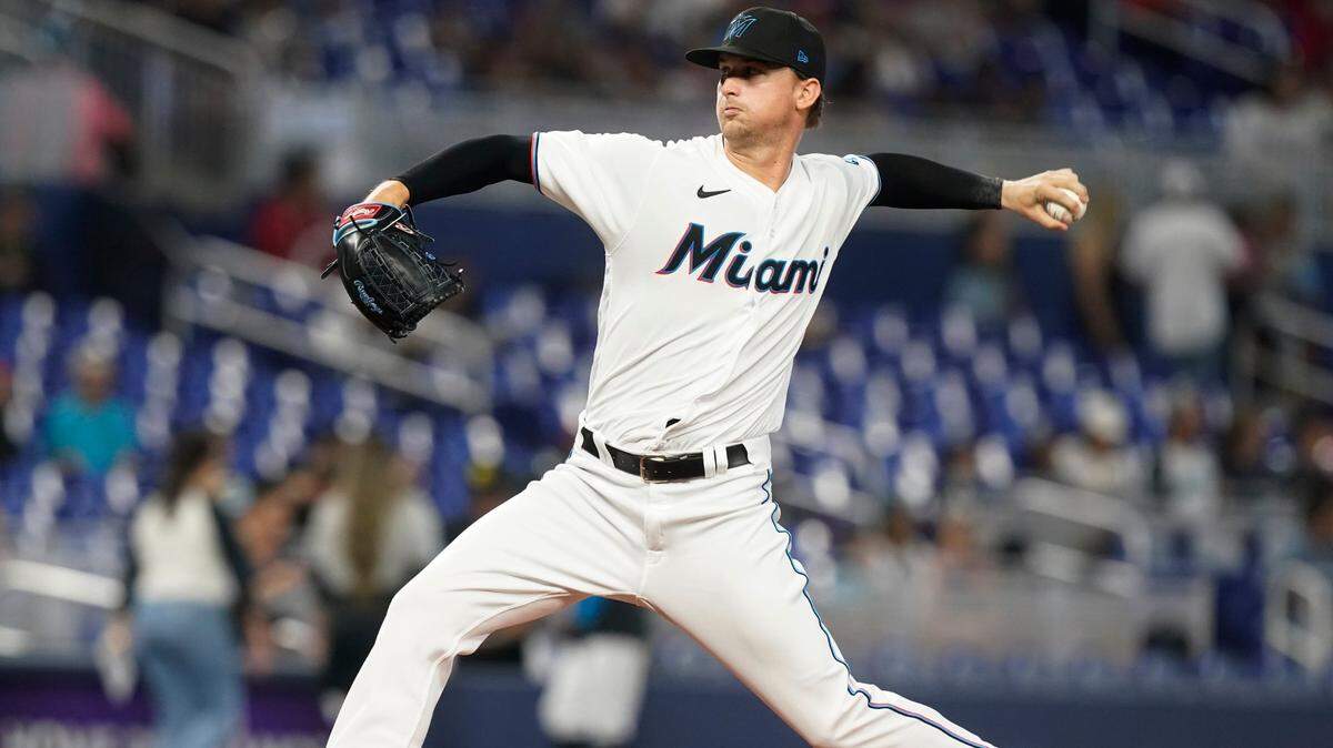 Miami Marlins pitcher Braxton Garrett aims a pitch during the first inning of a baseball game against the San Francisco Giants, Sunday, June 5, 2022, in Miami. (AP Photo/Marta Lavandier)
