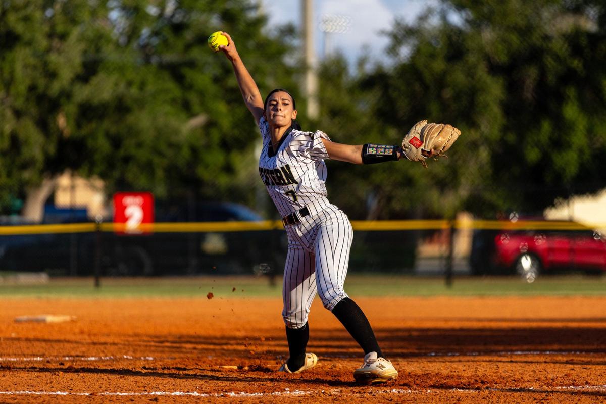 Western pitcher Ali Solo (7) throws the ball during the first inning of the BCAA BIG 8 Softball Championship against Coral Springs Charter in Pompano Beach, Florida, on Thursday, April 25, 2024.