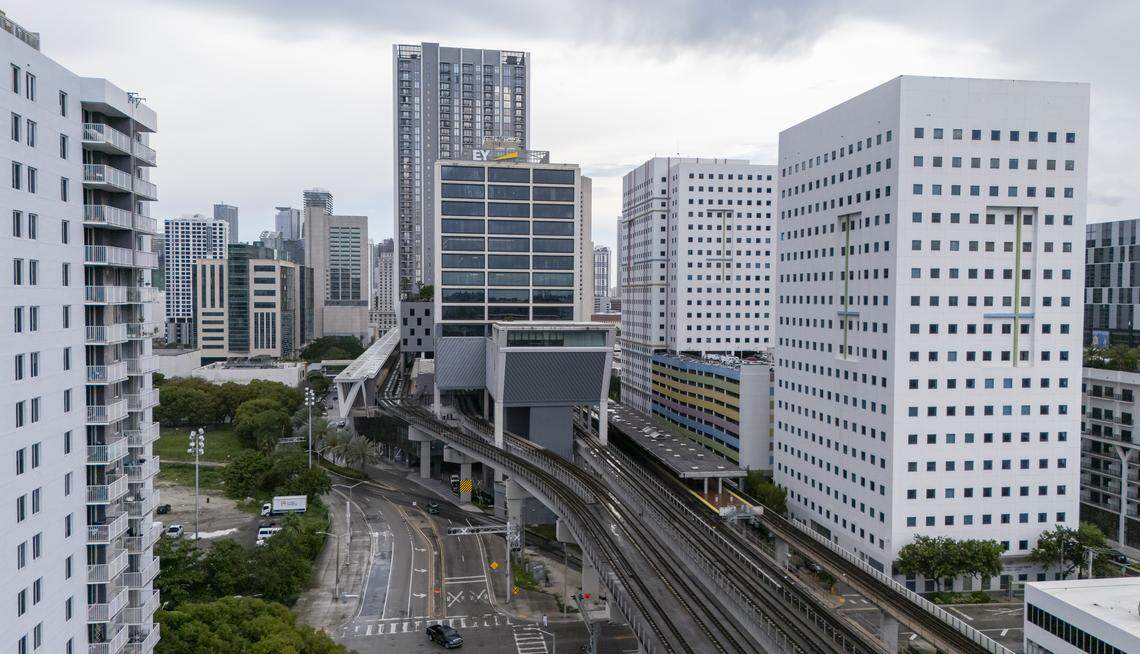 An aerial view of the MiamiCentral train station on Wednesday, Sept. 24, 2025, in downtown Miami, Fla. The station, built on an 11-acre lot, spans six blocks between Northwest Third and Eighth streets.