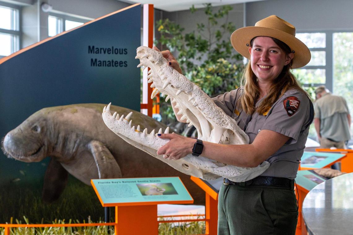 Park Ranger Riley Hays, 32, shows a crocodile skeleton in front of the new exhibits displayed at the Guy Bradley Flamingo Visitor Center inside Everglades National Park in Homestead, Florida, on Friday, October 20, 2023.