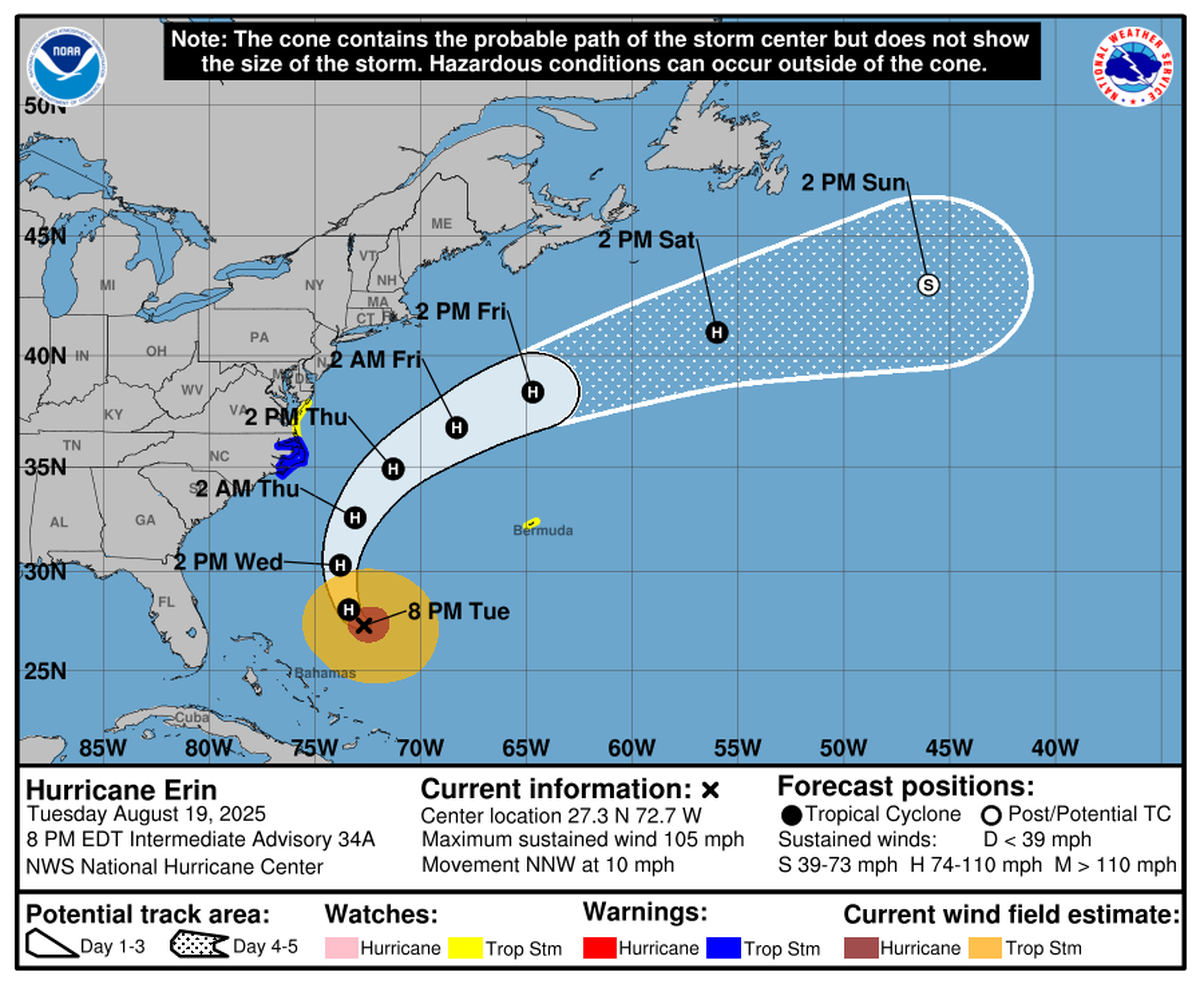 The National Hurricane Center’s 8 p.m. advisory on Hurricane Erin.