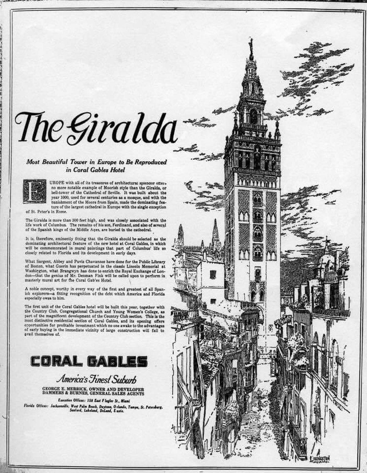 An ad promoting the construction of tower in Coral Gables, Florida, similar to Seville’s Giralda.
