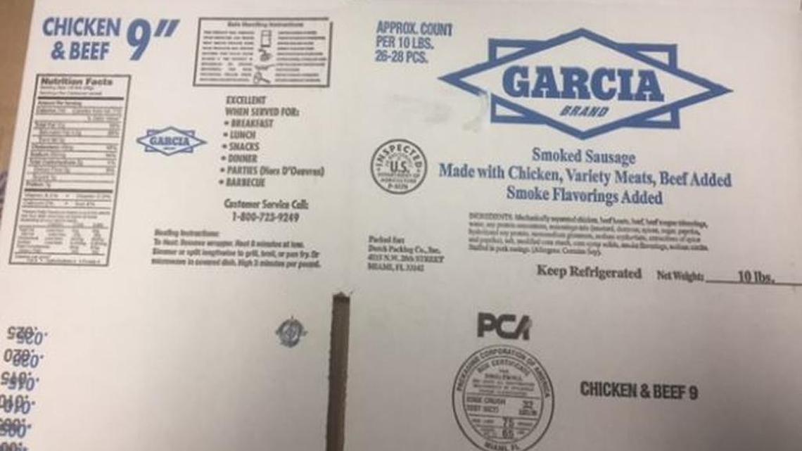 The box of Garcia smoked sausage, caught in the recall.