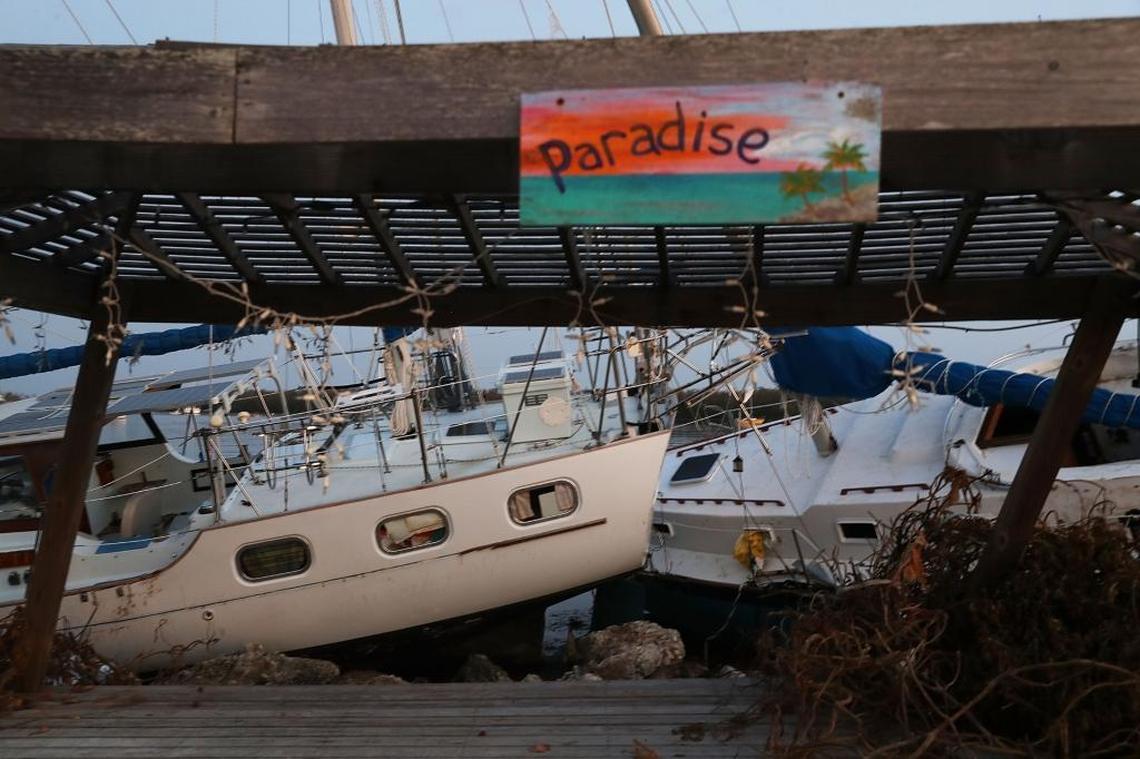 Boats are pushed up along the shore line in Marathon on Sept. 19, after Hurricane Irma passed through the area. More than two weeks after Irma, the Keys’ $150 million commercial fishing and trapping industry is at a standstill.