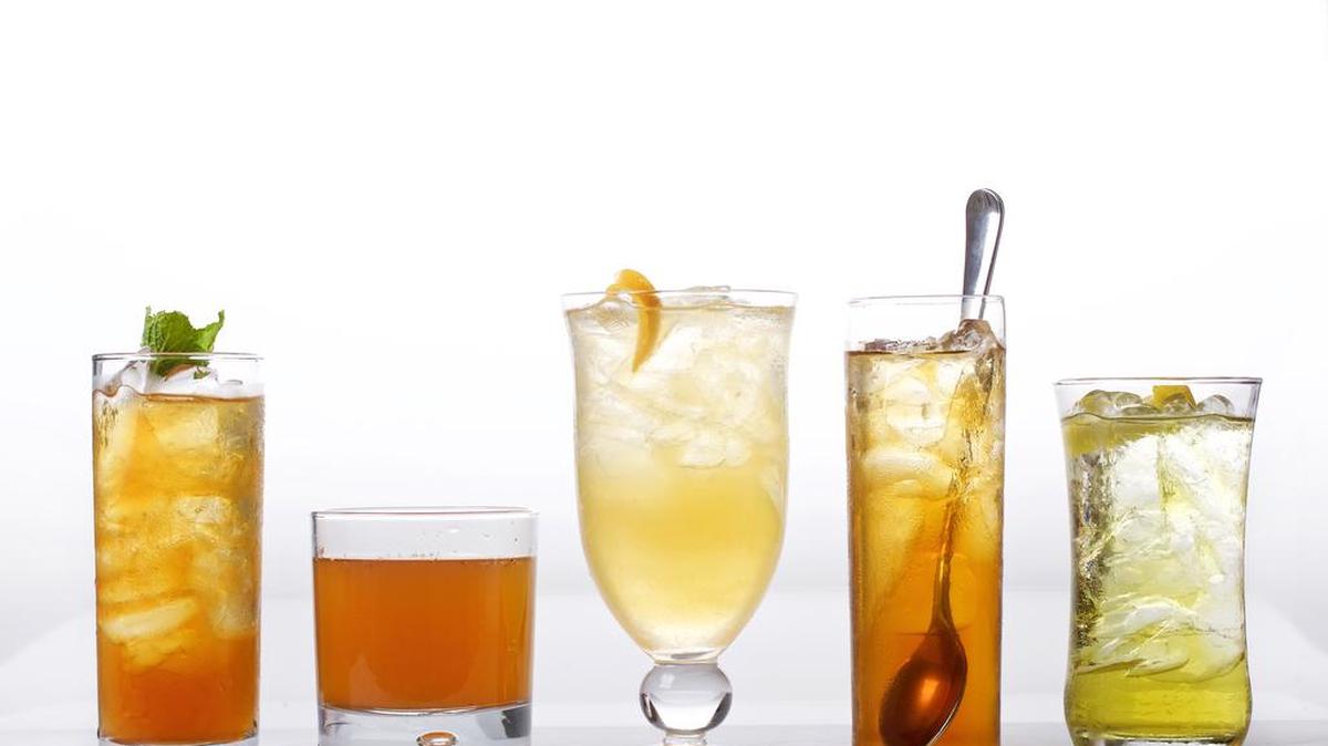 Here are five alcoholic iced tea creations, from left: the Porchard; I Love Humanity; La Bergamote Juste; High Tea; and Summer Suzie.