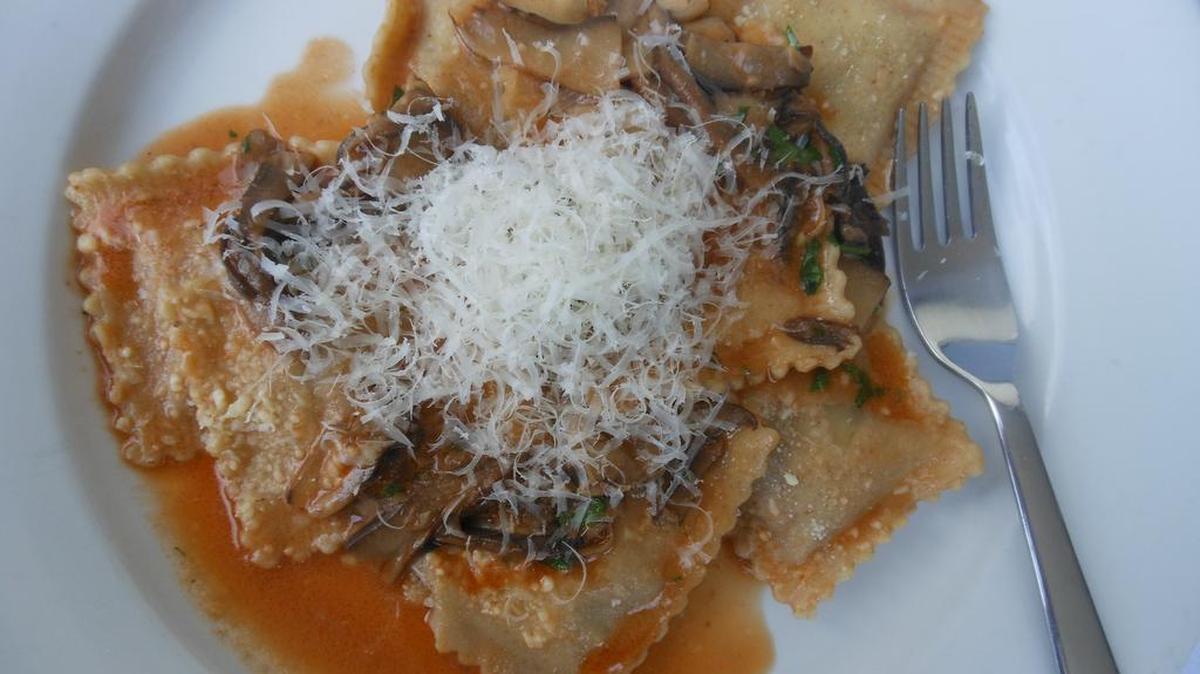 Mushroom ravioli in porcini sauce at Tuscan Way Italian Restaurant, North Bay Village.
