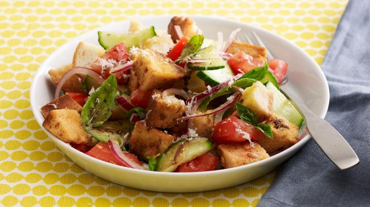 Spice it up:  Panzanella salad gets a kick of heat from jalapeño in this recipe.