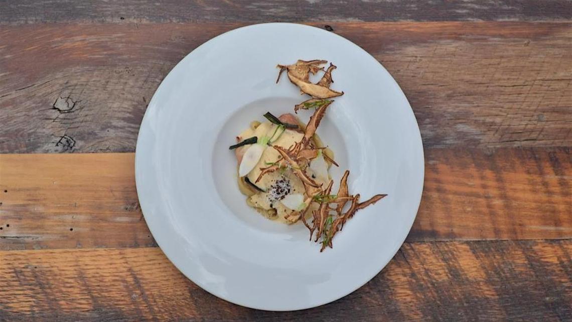 Udon noodles with confit of Florida rabbit, mushrooms and blistered scallion at Alter in Miami.