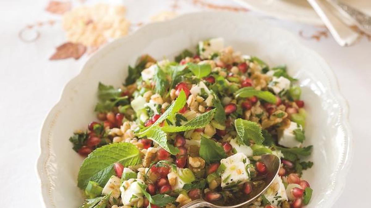 Barley-pomegranate salad with feta.