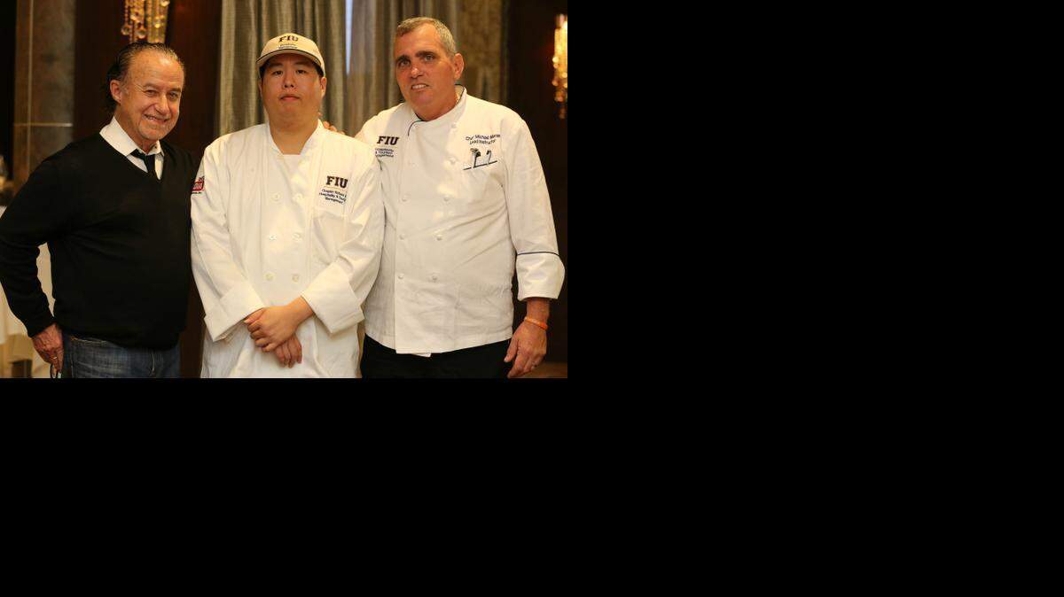 
From left: Badia Spices President Joseph “Pepe” Badia, FIU student Eddie Zeng, FIU chef-instructor Mike Moran.
