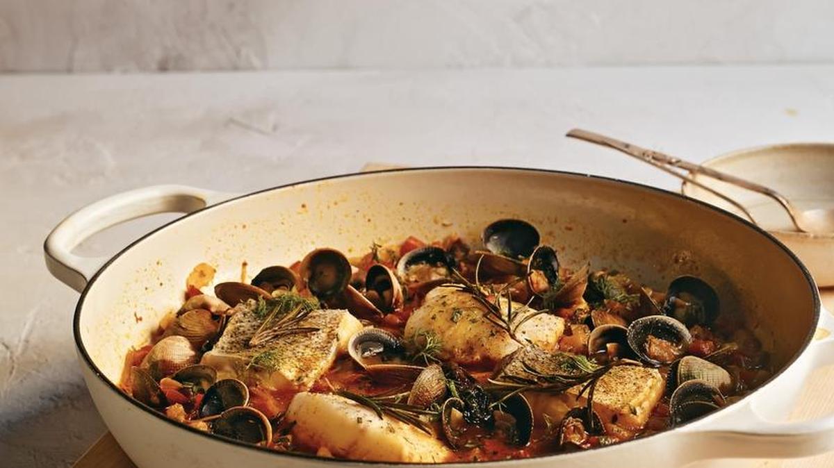 Cod, Cockles and Liguica Stew from chef Floyd Cardoz’s new book, Flavorwalla. (Contributed)