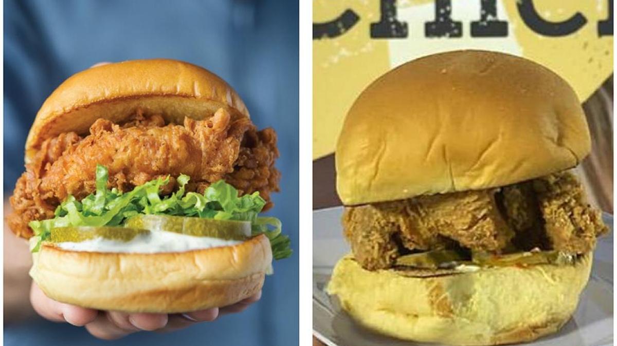 The Chick’n Shack sandwich from Shake Shack, left, and The Yardbird from Spring Chicken. The two restaurants are neighbors in Coral Gables.