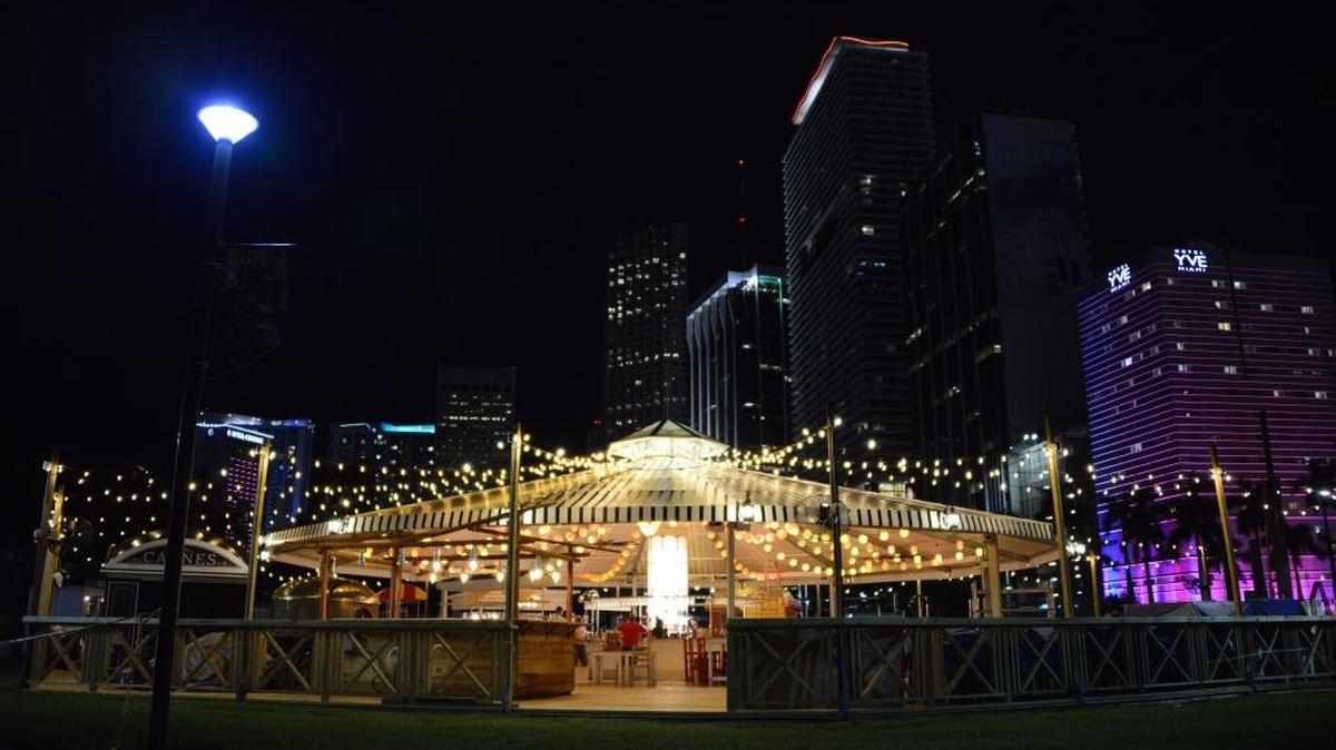 
A nighttime view of the La Feria market at Bayfront Park.
