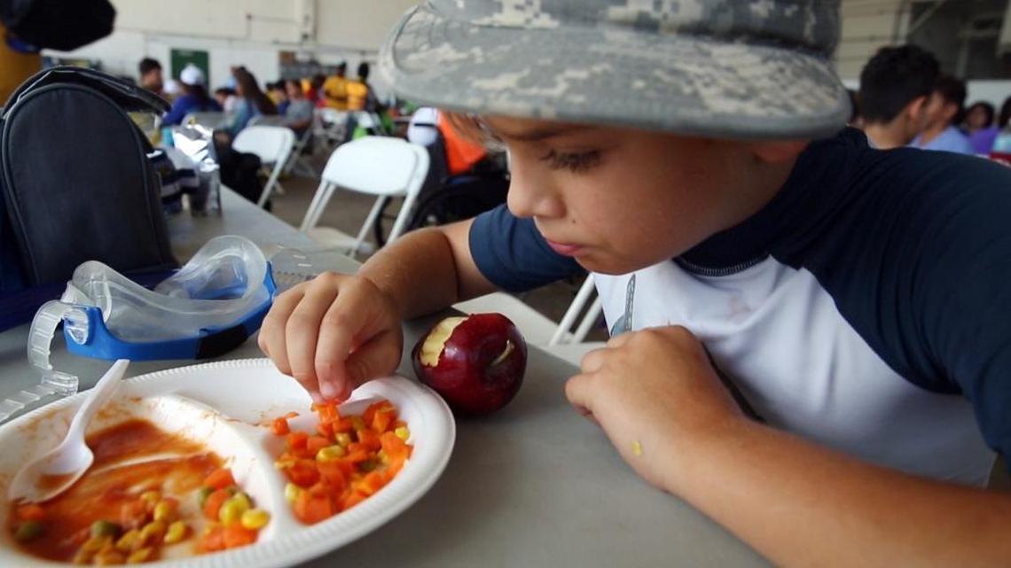 Matteo Christiansen, 9, reaches for his vegetables, after finishing his meatball sub and working on his apple. Christiansen is a camper at Shake-A-Leg’s summer camp in Coconut Grove, and was enjoying his lunch break. Exquisite Catering by Robert, provides free, hot lunches and snacks and drinks to Shake-A-Leg’s summer camp as part of the USDA’s Summer Food Service Program, which provides for free meals to Florida’s children under 18.
