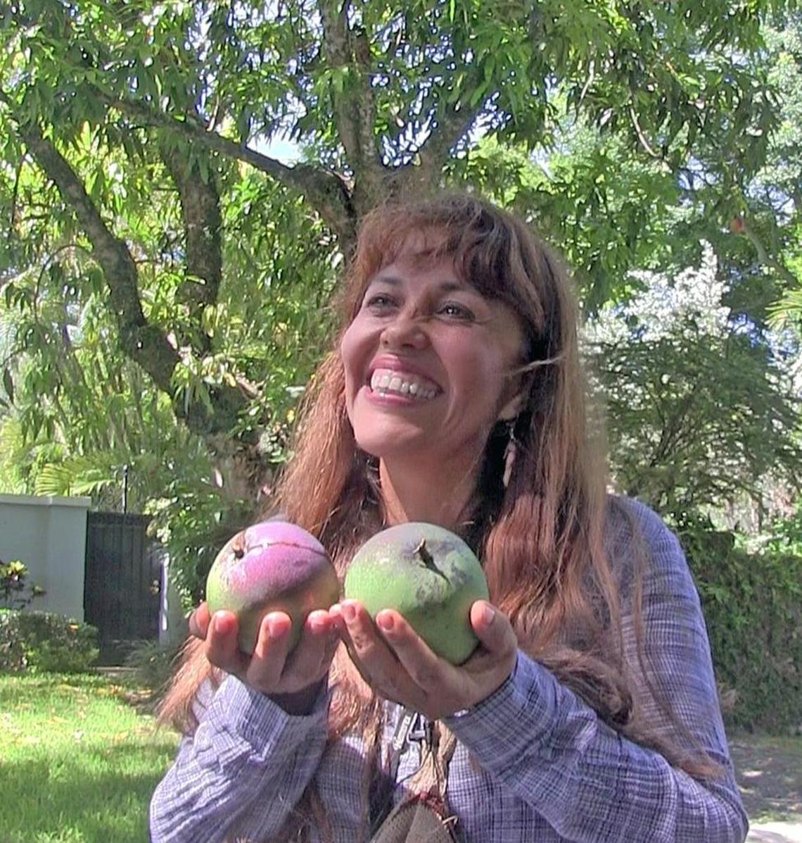Noris Ledesma, Ph.D. and Curator of Tropical Fruit for Fairchild Tropical Botanic Garden smiles while holding a pair of Haden Mangos from of what possibly could be the first and oldest Haden Mango tree in South Florida.
