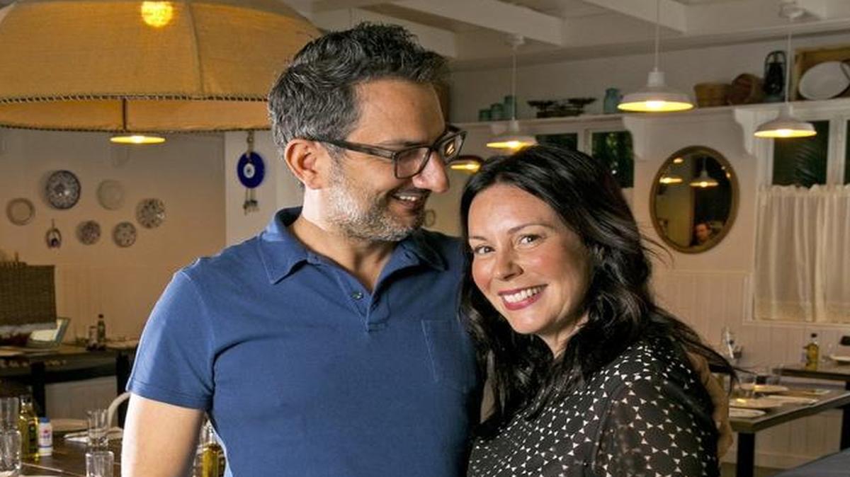 Ahmet Erkaya, left, and Anastasia Koutsioukis are husband-and-wife owners of Mandolin Aegean Bistro in Miami’s Design District.