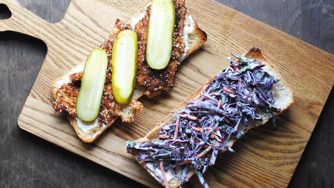 Chicken schnitzel and sumac slaw sandwiches from ‘Modern Israeli Cooking.’