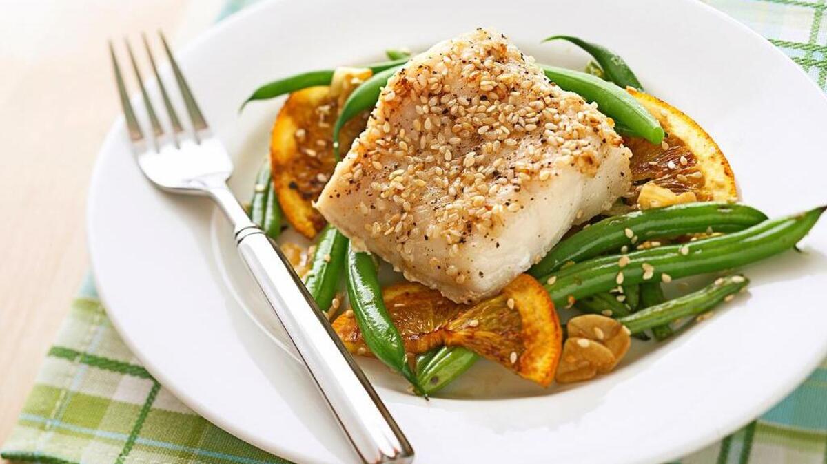 Sesame-Crusted Cod With Green Beans.