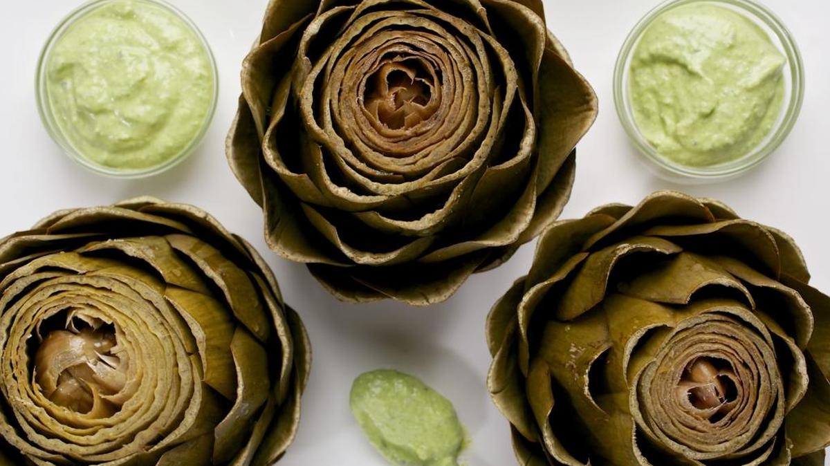 Steamed Artichokes with Saffron Yogurt Dip