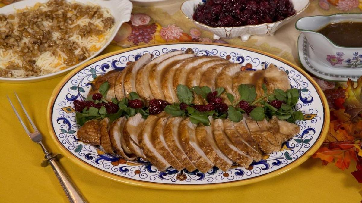 Roasted turkey with traditional sides.