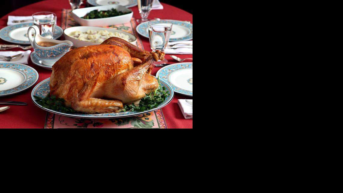 
Dry-brined bird: This 20-pound turkey was rubbed with salt and placed in a refrigerator for two days before being roasted. The dry-brine technique creates a golden-brown skin and juicy, flavorful meat. 
