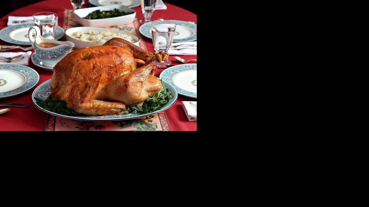 Dry-brined bird: This 20-pound turkey was rubbed with salt and placed in a refrigerator for two days before being roasted. The dry-brine technique creates a golden-brown skin and juicy, flavorful meat.