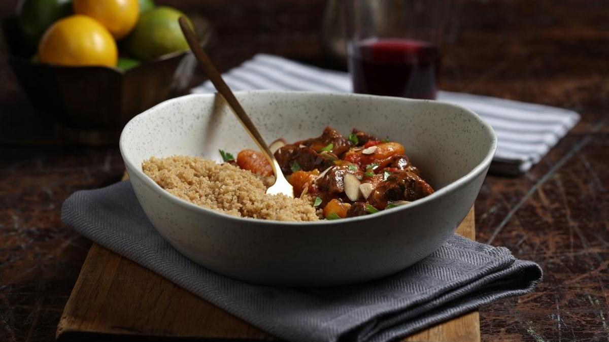 Lamb tagine with apricots, spiced with saffron, coriander, cumin, ginger and cinnamon.