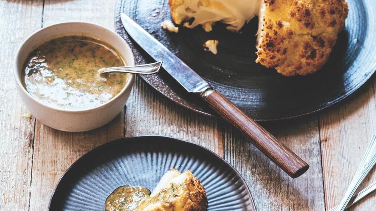 Whole Roasted Cauliflower with Almond Anchoïade.