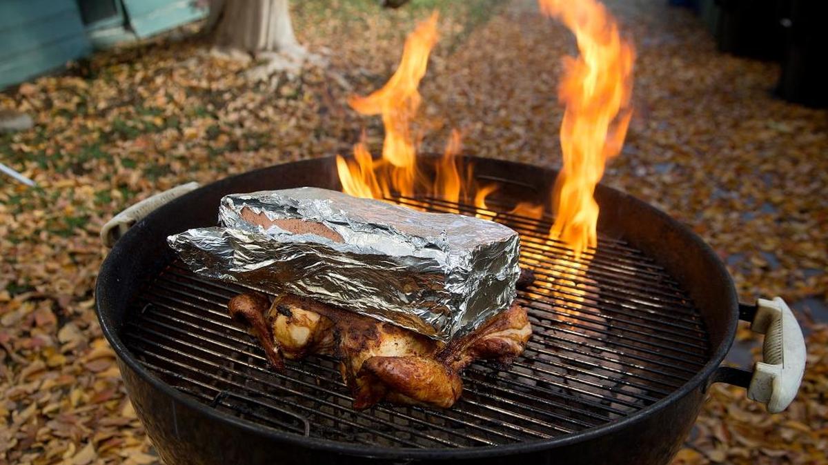 The classic “brick” chicken uses indirect heat and a bird that has been spatchcocked to remove its backbone.