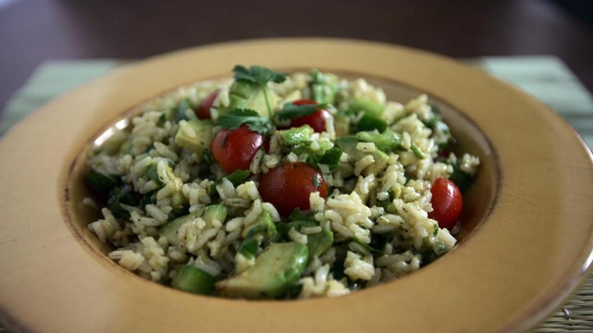 
Rice salad with avocado and grape tomatoes is a cinch to make.
