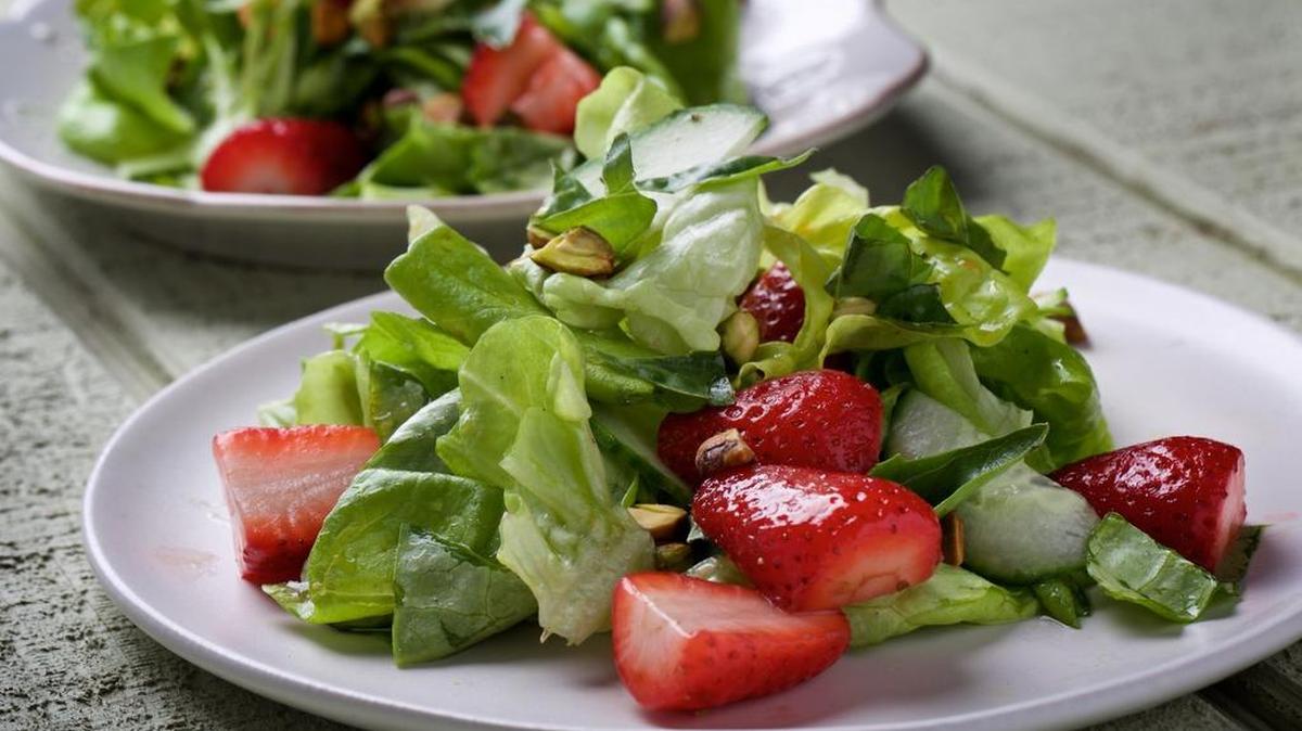 Tender Green Salad With Strawberries, Cucumber, Pistachio and Basil