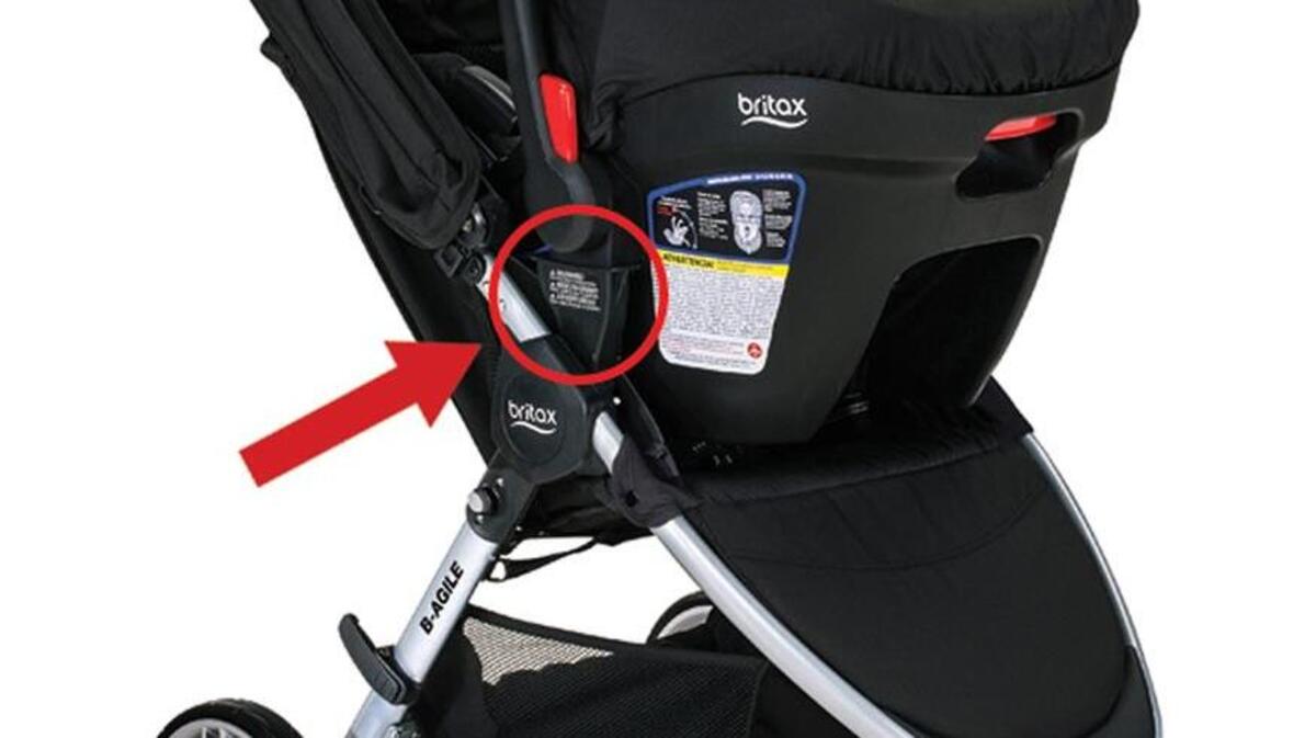 This photo of a Britax B-Agile stroller shows where to find the model number