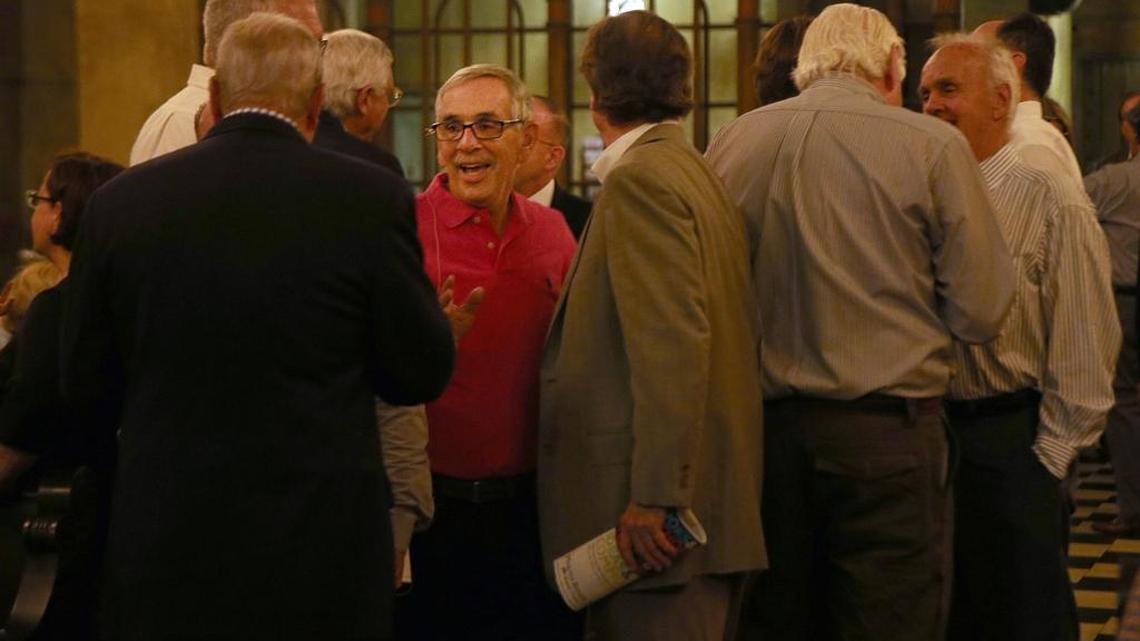 Hank Klein, center, shares with friends and attendees during a presentation for his new book, ‘Miami, Real and Imagined,’ at Coral Gables Congressional Church on Thursday, Nov. 3, 2016.