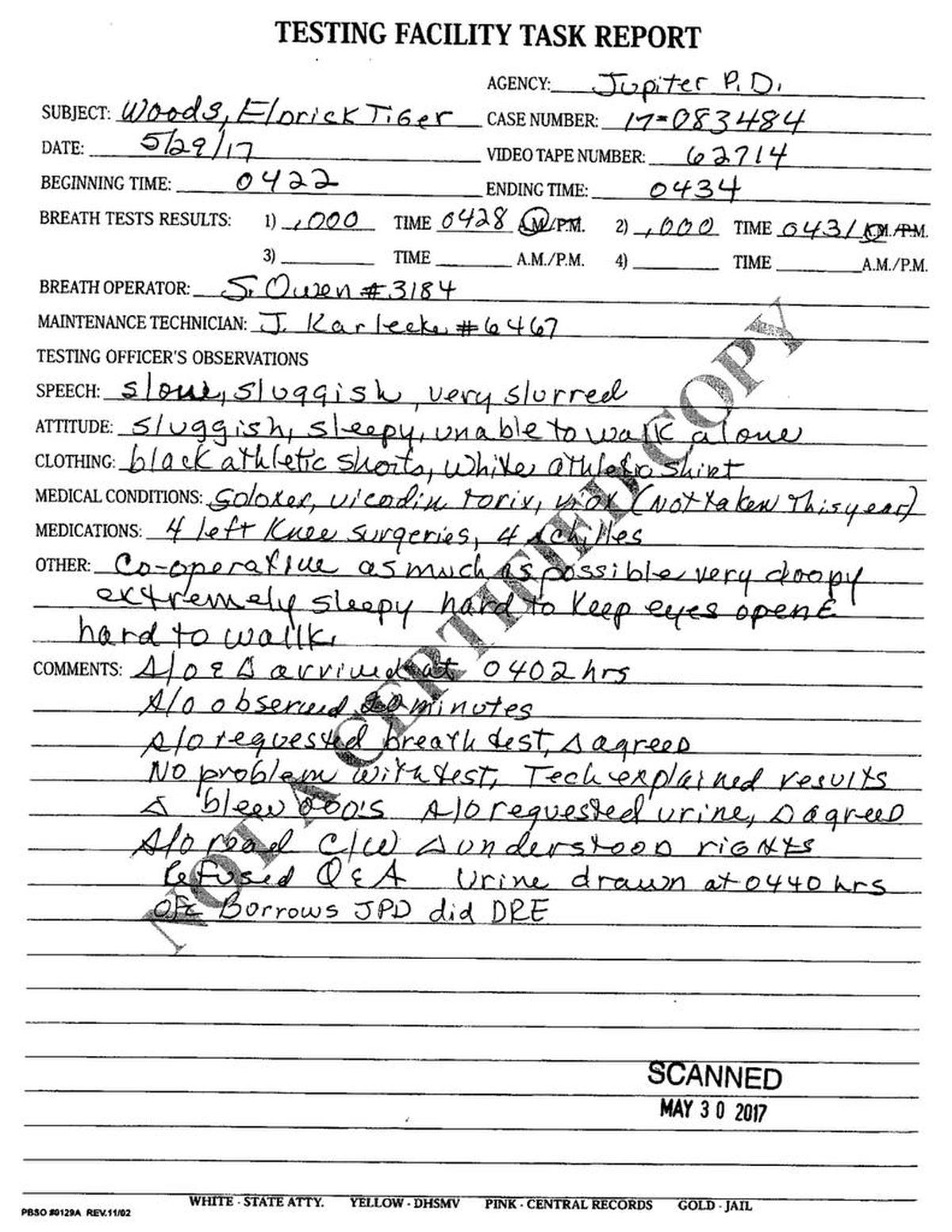 The Jupiter Police Department report lists four medications that Tiger Woods said he was taking when he was stopped for DUI.