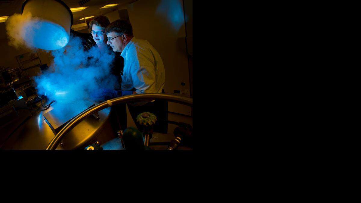
University of Miami medical researchers Dr. Jeffery Vance, right, and Margaret Pericak-Vance, Ph.D, peer into a tank of nitrogen where tissue used for DNA is stored at frigid temperatures. The husband-and-wife team established the J.J. Vance summer internship program to honor their son, Jeffery Joseph Vance, who died when he was 14 after a football injury triggered an unknown genetic condition that caused a tidal wave of blood clots. 


