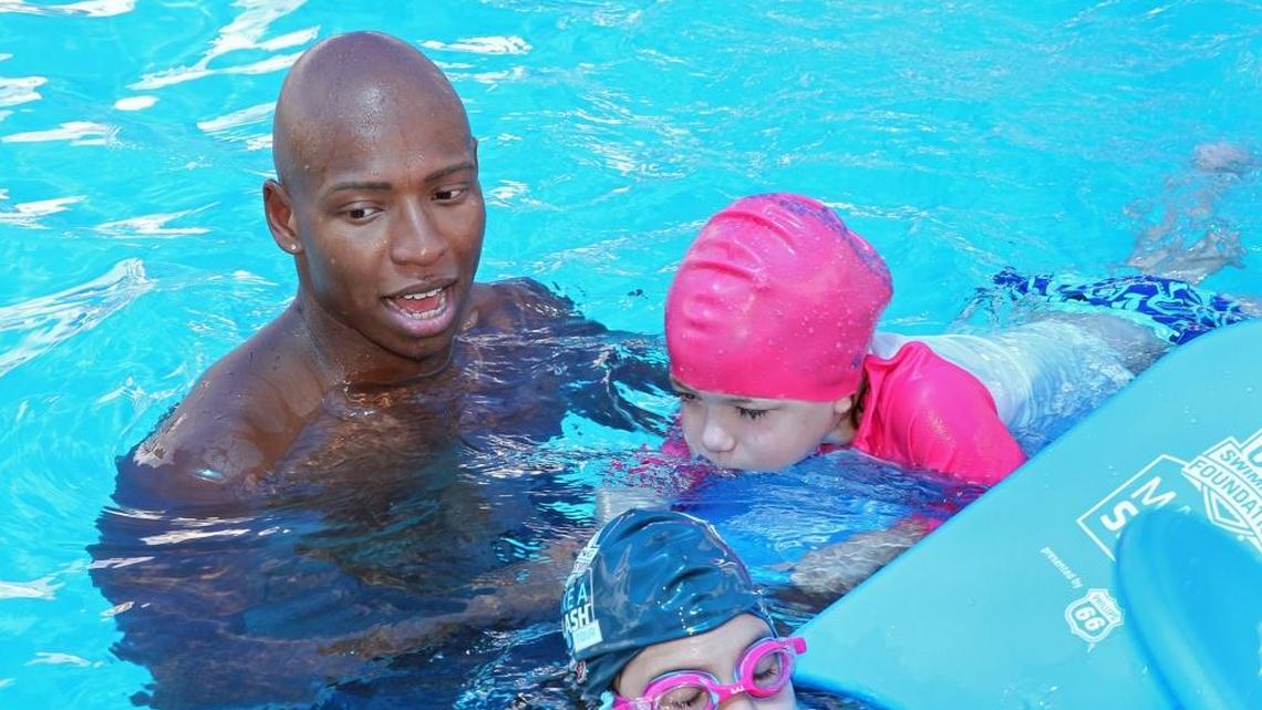 Olympic Gold medalist Cullen Jones teaches young kids how to swim at the International Swimming Hall of Fame Pool in Ft. Lauderdale as part of Make-a-Splash Tour, and sponsored by Phillips 66. The USA Swimming Foundations Ambassadors and Olympic Gold Medalists Cullen Jones and Rowdy Gaines are educating residents on the importance of saving lives through swim lessons on Monday, June 12, 2017