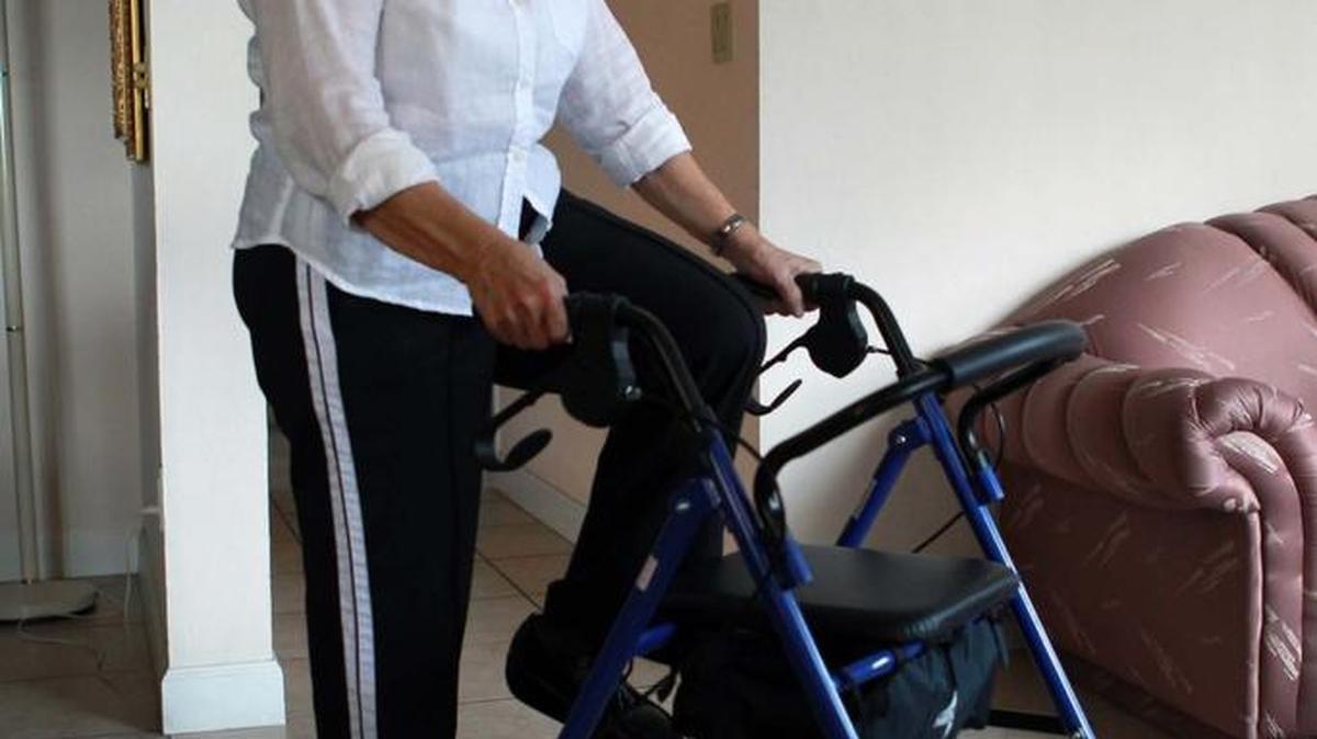 Ada Rodriguez, who broke her thigh bone, now does weight-bearing exercises at home and at physical therapy to try to regain her leg strength.