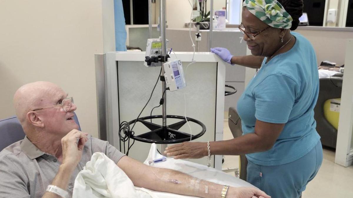 Nurse Carole Gaby checks up on Daniel Dyner during treatment. Daniel Dyner receives his weekly treatment as part of a Mount Sinai Medical Center chelation therapy trial, which is testing the treatment of diabetics who have a history of heart disease.
