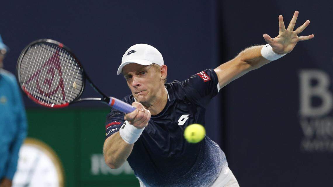 In this March 28, 2019, file photo, Kevin Anderson, of South Africa, hits a forehand to Roger Federer, of Switzerland, during a quarterfinal match at the Miami Open tennis tournament at Hard Rock Stadium in Miami Gardens. Two-time Grand Slam runner-up Kevin Anderson is skipping the clay-court swing this season because of a lingering right elbow injury. There are several non-surgical options for treating tennis elbow, including plasma injections and a high energy shock wave treatment called orthotripsy.