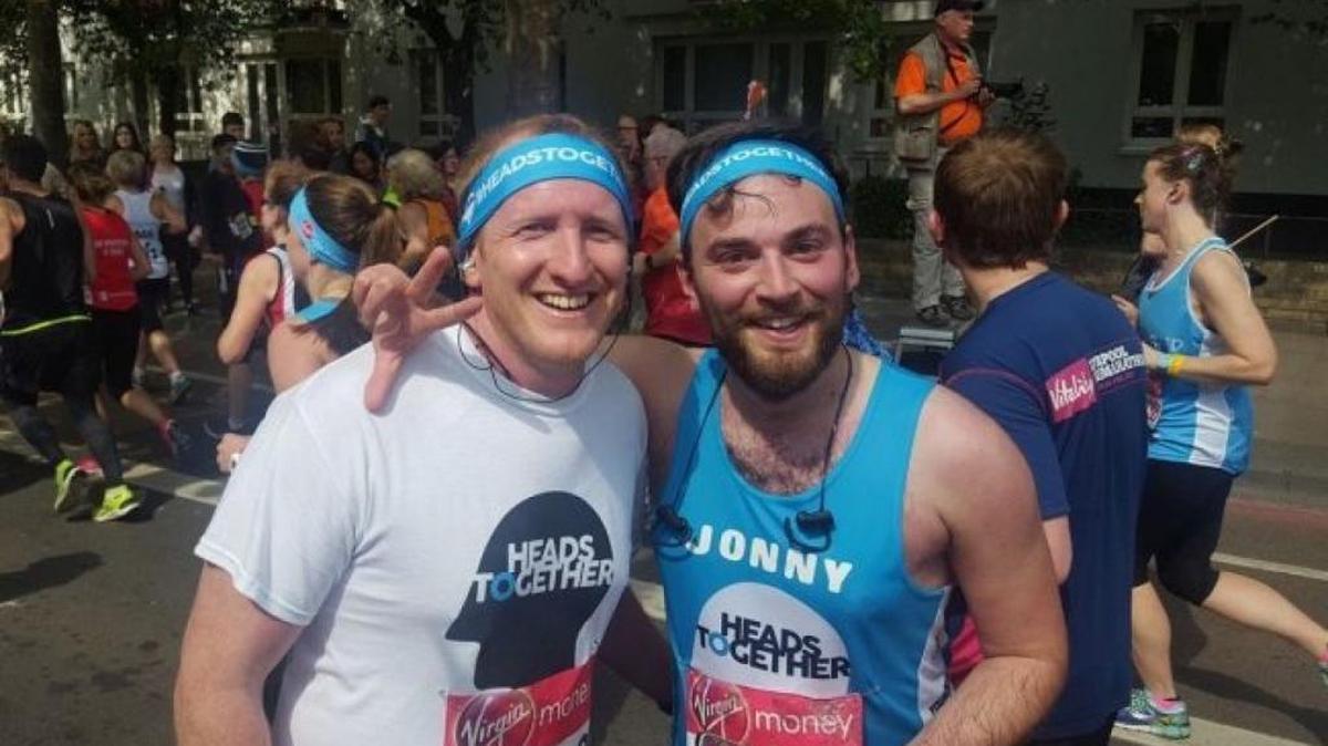 Neil Laybourn and Jonny Benjamin after the London Marathon on April 27.