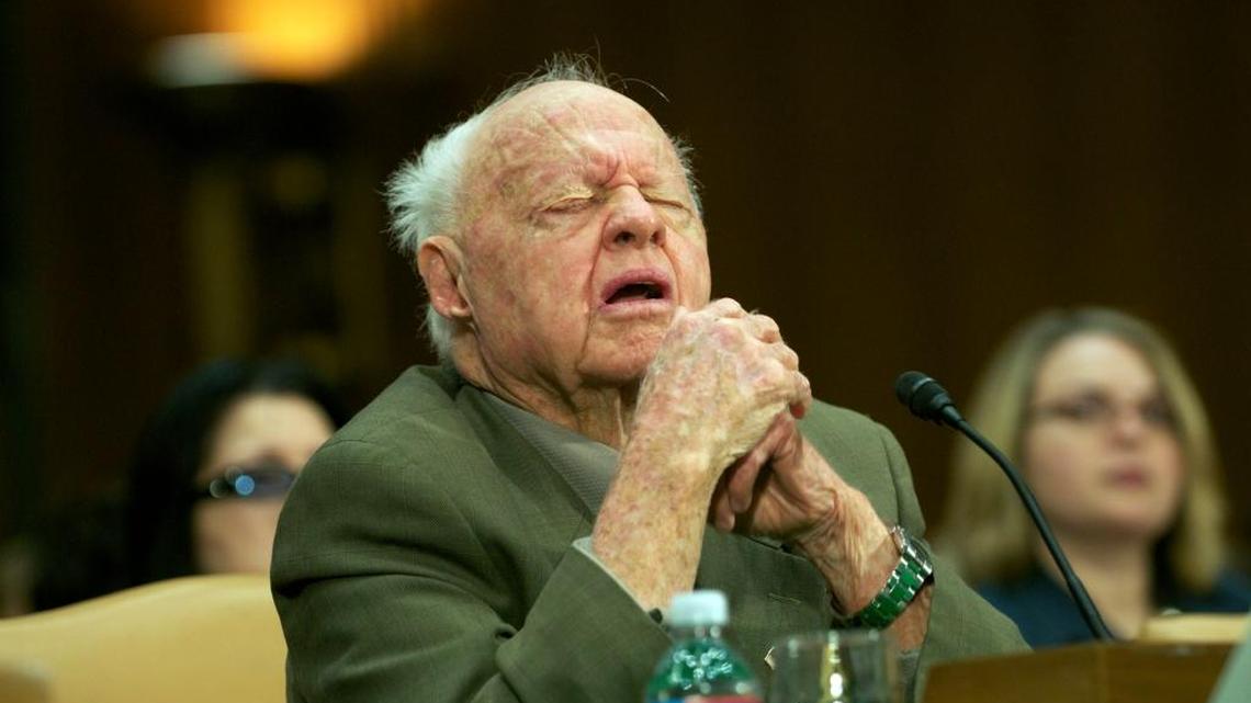 Actor and elder abuse victim advocate Mickey Rooney gives emotional testimony before a 2011 Senate Special Committee on Aging titled “Ending Neglect Financial Elder Abuse" on Capitol Hill in Washington.
