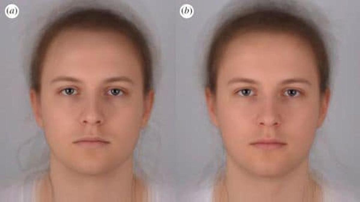 Scientists combined 16 photo portraits into one composite image. On the left, the composite ‘sick’ face, and on the right, the composite healthy one.