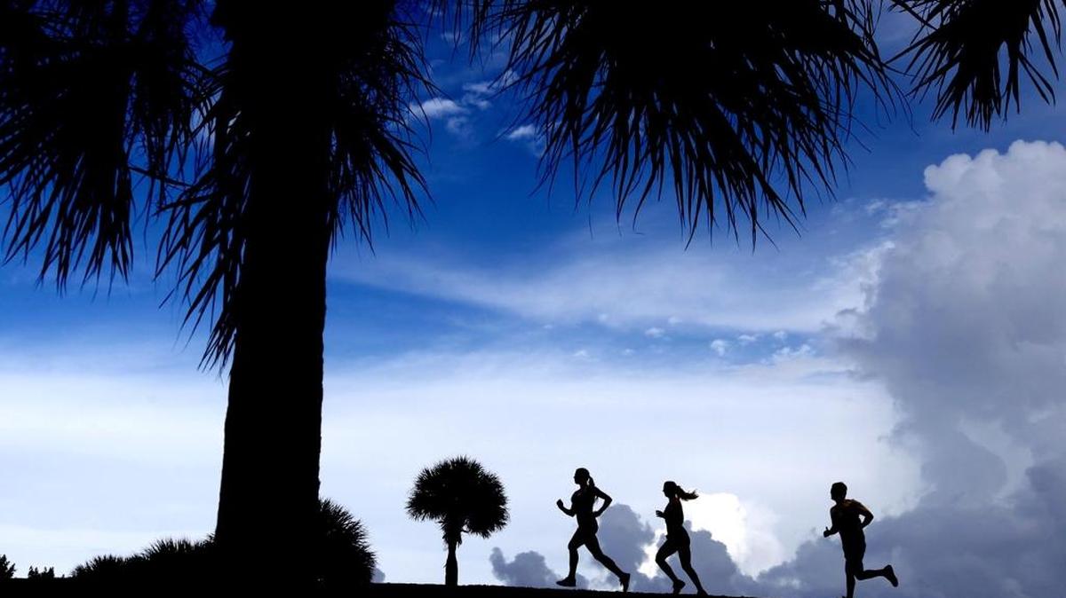 
Nutritionist Rachel Scherdin runs with clients Michelle Moore and Fausto Faraldo at South Pointe Park on Monday, Sept. 14, 2015.
