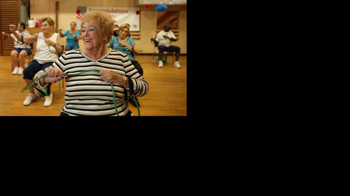
Always moving: Charlotte Blumstein, 95, is one of 10 finalists for a national fitness award. The Broward resident regularly goes to the gym at the Tamarac Fitness Center, where she participates in the SilverSneakers fitness program, aimed for people 55 and up.
